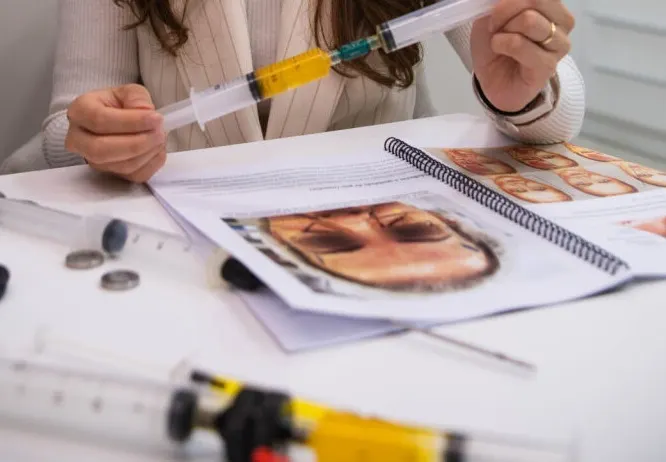 Seringas com gordura autóloga e material de estudo sobre lipoenxertia